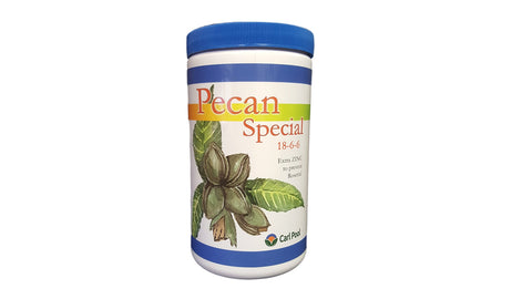 Carl Pool Pecan Special Fertilizer 18-6-6 bottle label showing balanced nutrients for healthy pecan trees.