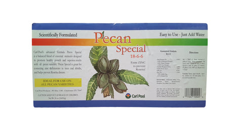Carl Pool Pecan Special Fertilizer 18-6-6 tree application demonstrates easy nutrient delivery for orchard trees.