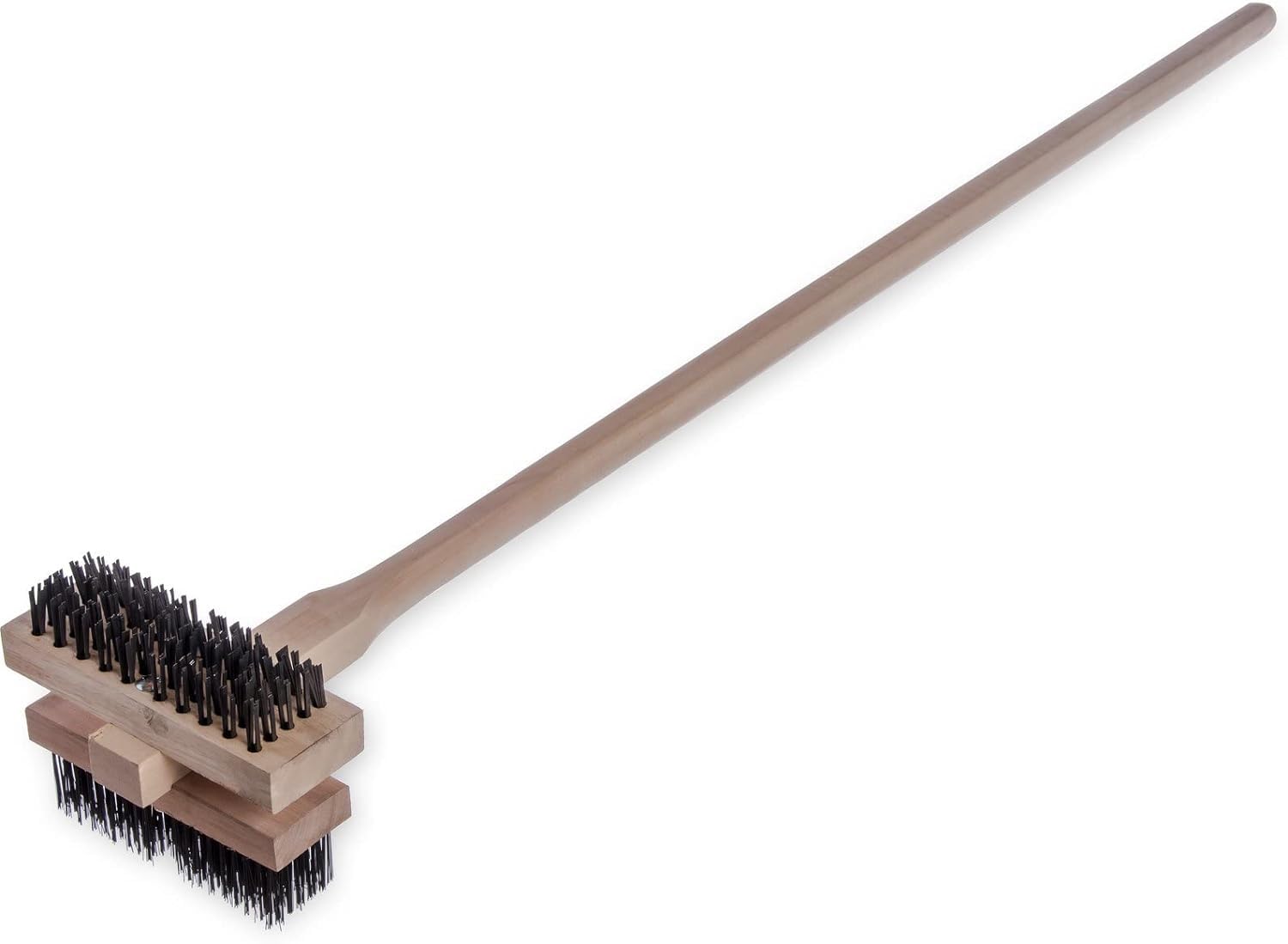 Carlisle stainless steel double broiler grill brush with handle offers extended reach for thorough grill cleaning.