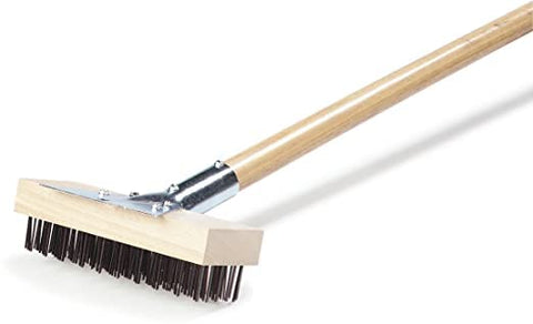 Carlisle Wood Oven Brush with Stainless Scraper in action on grill grates.