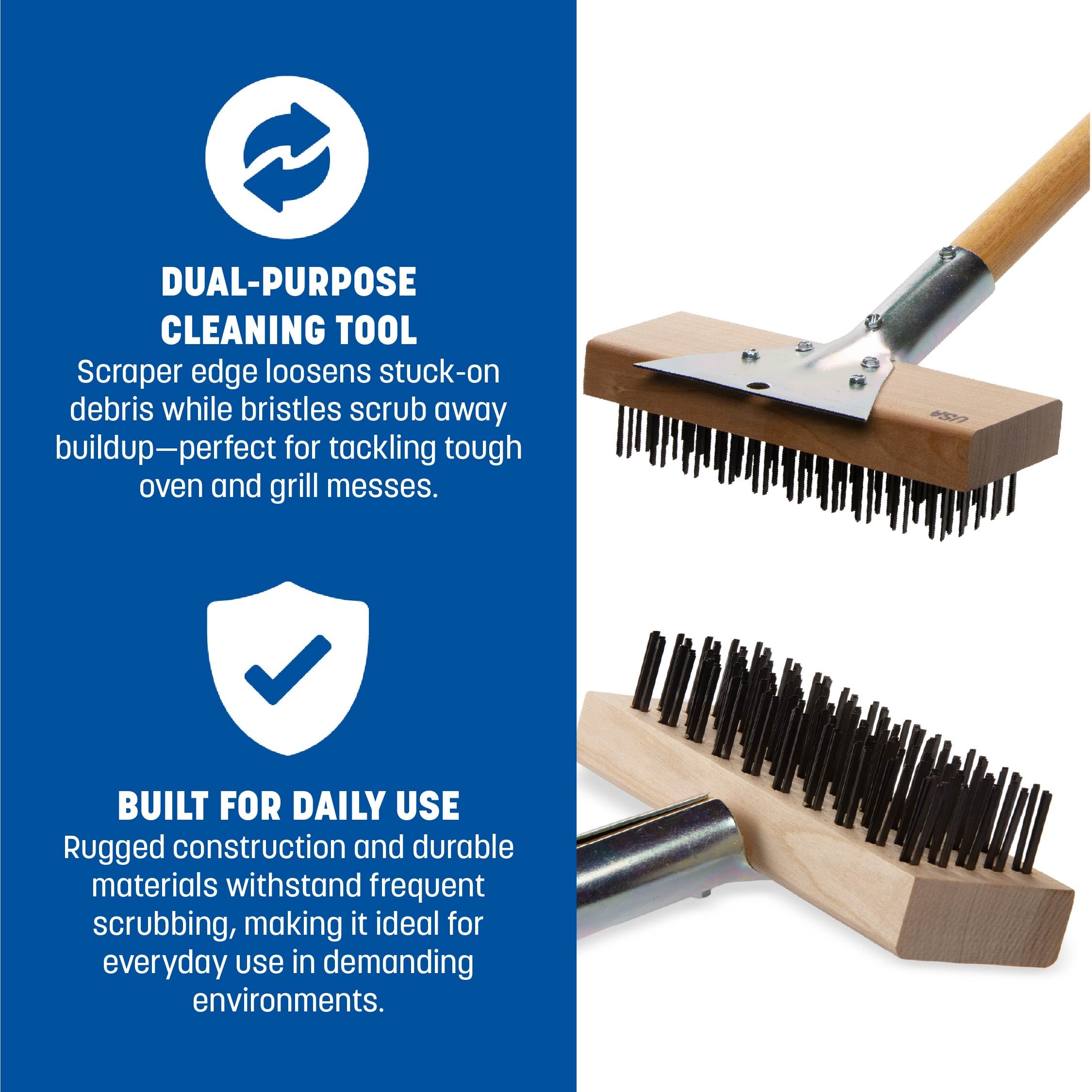 Carlisle Wood Oven Brush Stainless Scraper loosens debris for a deeper clean.