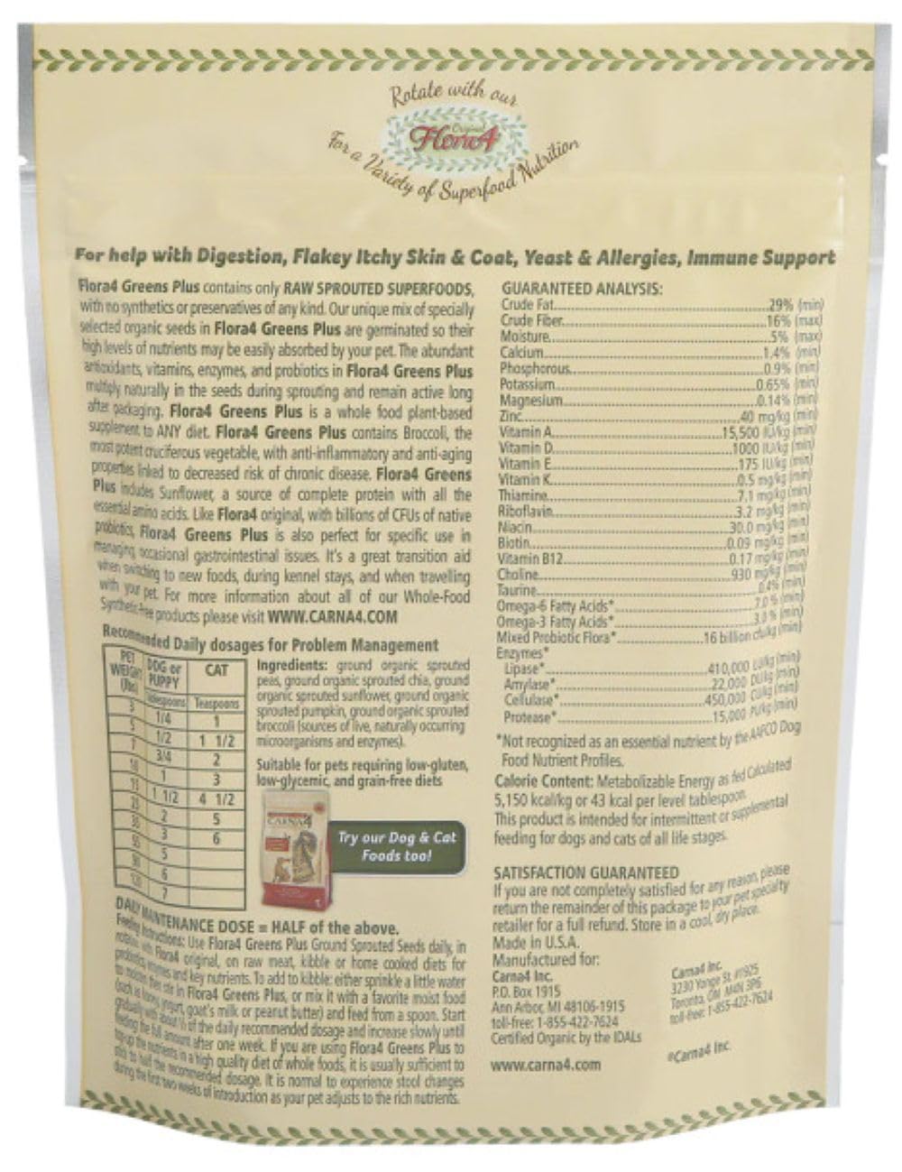 CARNA4 Flora4 Greens Plus bottle features broccoli and chia for immune support and coat glow