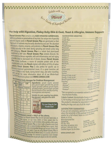 CARNA4 Flora4 Greens Plus bottle features broccoli and chia for immune support and coat glow