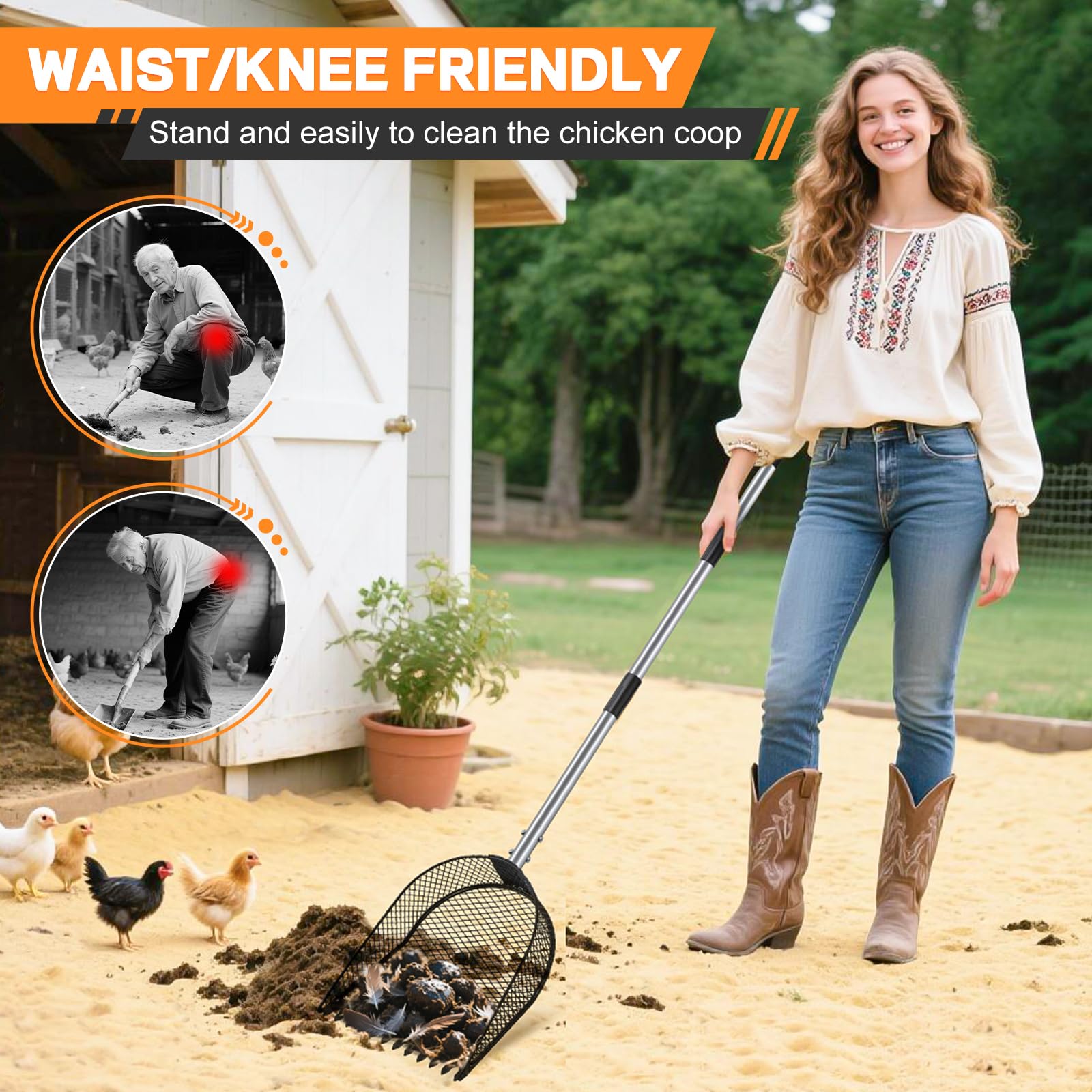CAROD 2-in-1 scoop and rake teeth remove clumps in one pass.