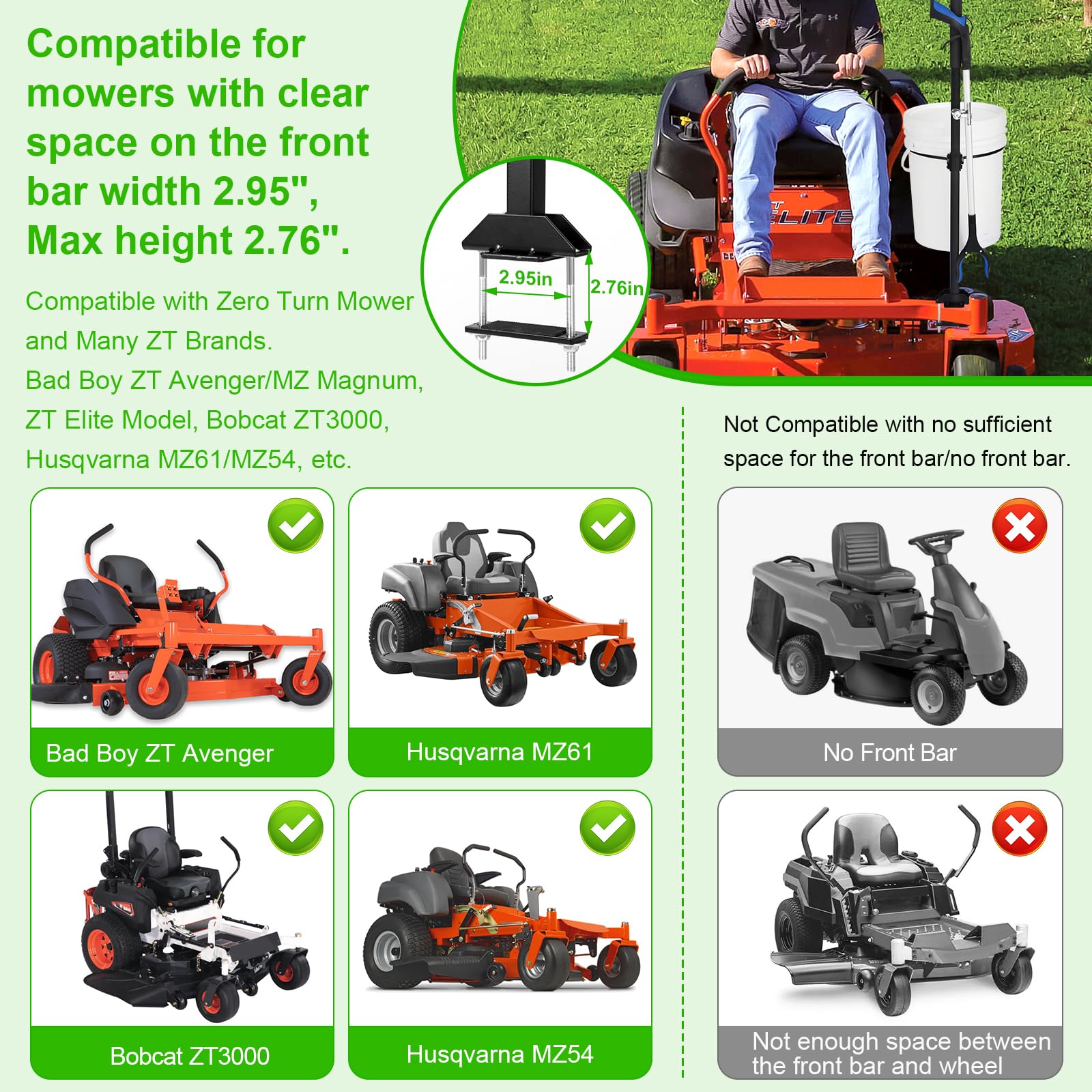 CAROD easy-install no-drill mower handle demonstrating clamp-on setup