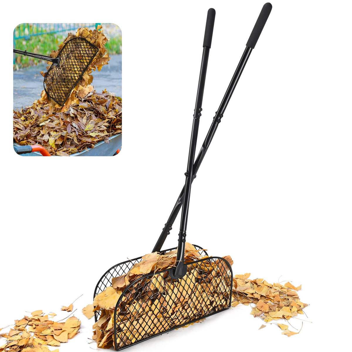 CAROD Leaf Grabber Rake with long handle reduces bending for comfortable cleanup.