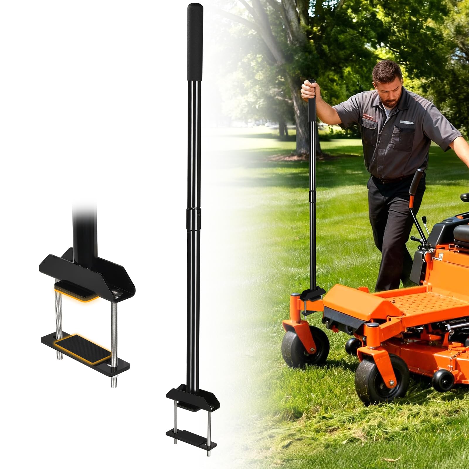 CAROD mower mount assist handle compatible with front frame bar for easy mounting.