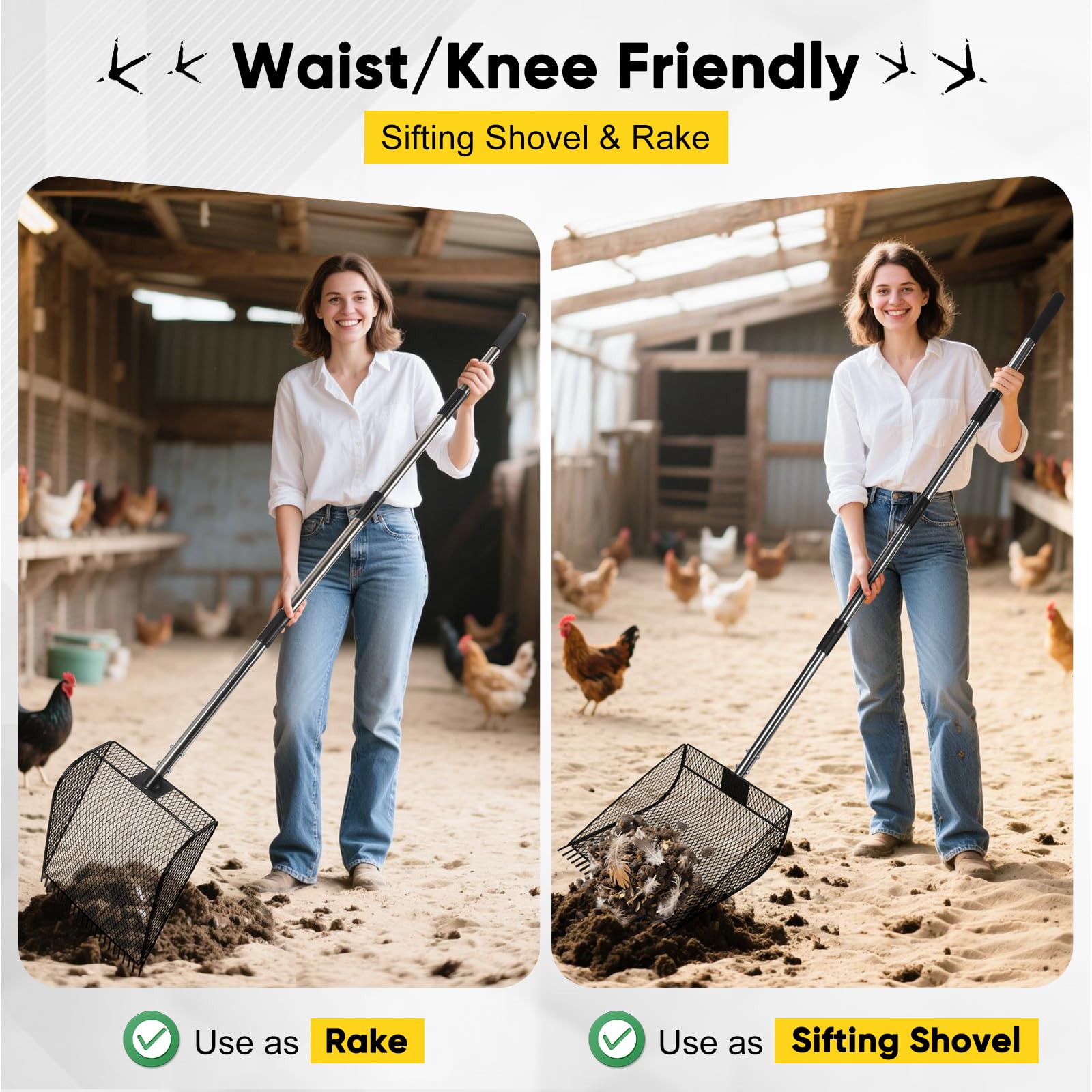 CAROD multi-function rake and sifter for coop litter and feathers in one tool