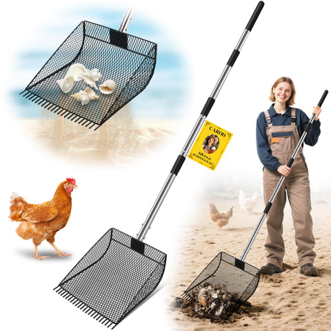 CAROD upgraded 12-inch chicken poop scooper and rake for quick coop cleanup