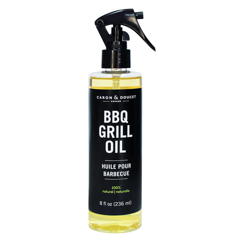Caron & Doucet BBQ Cleaner Oil bottle closeup showing plant-based grease removal.