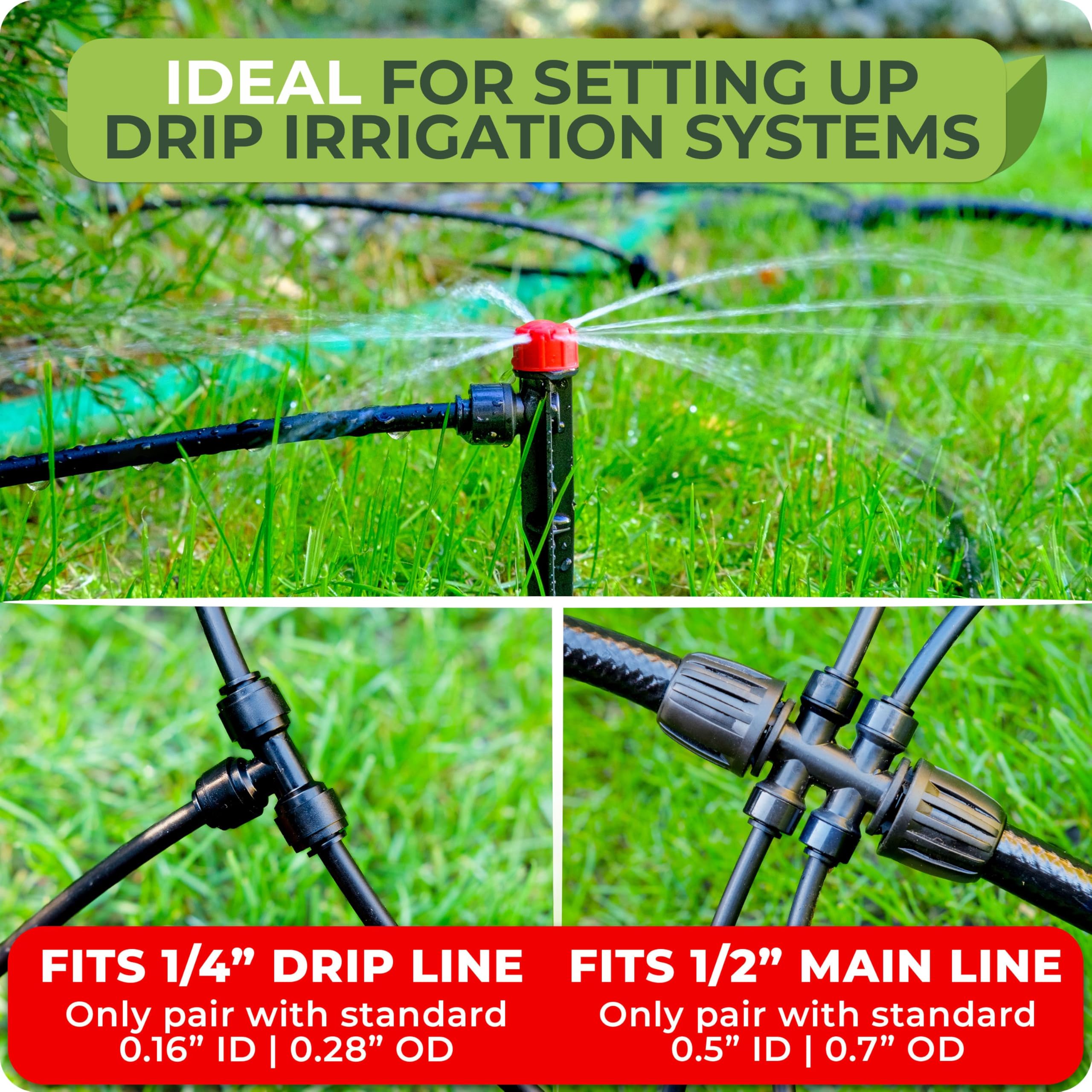 CARPATHEN 4-way tee half-inch to quarter-inch barbed connector enables flexible layouts.