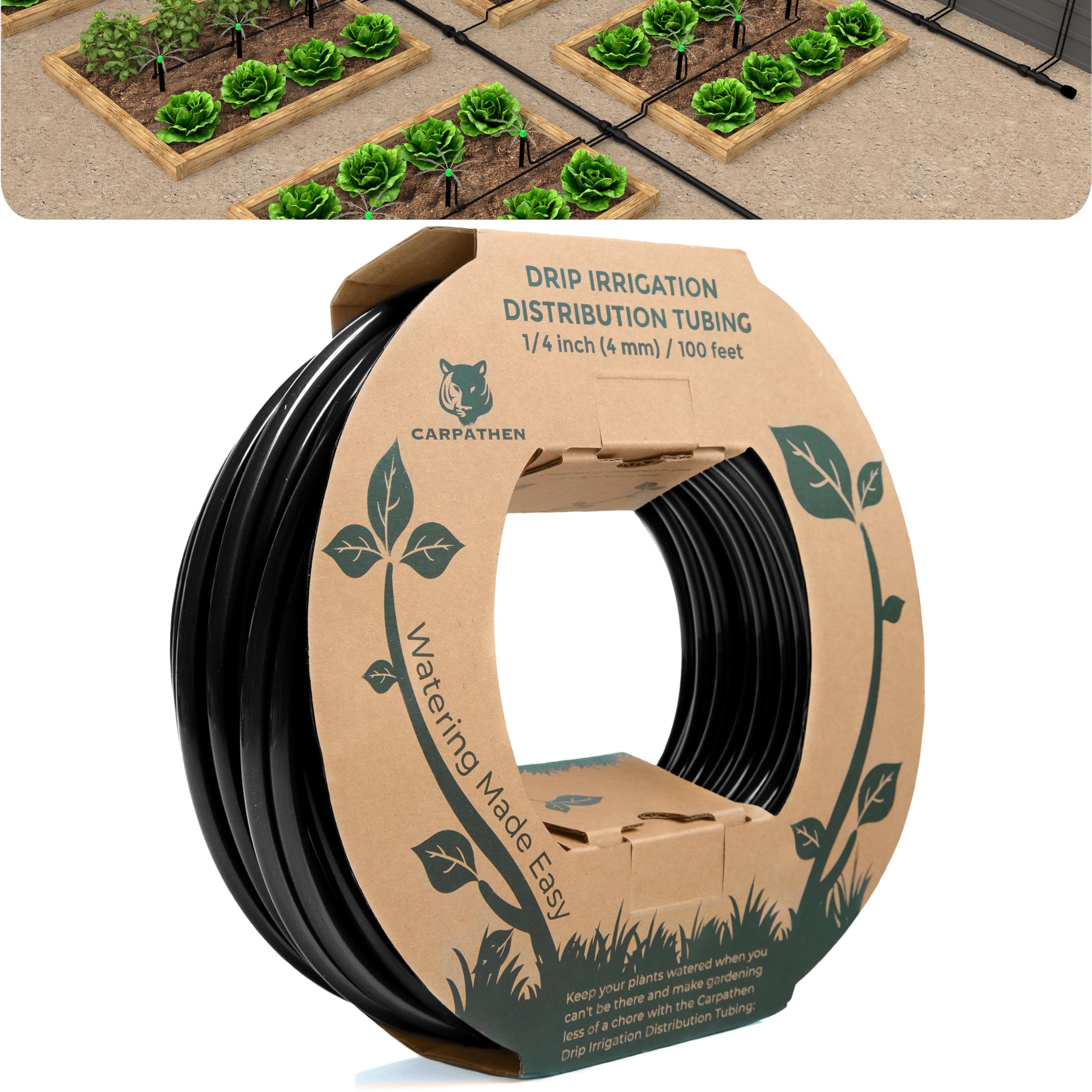 CARPATHEN drip tubing 100ft black coil for easy DIY irrigation setup.