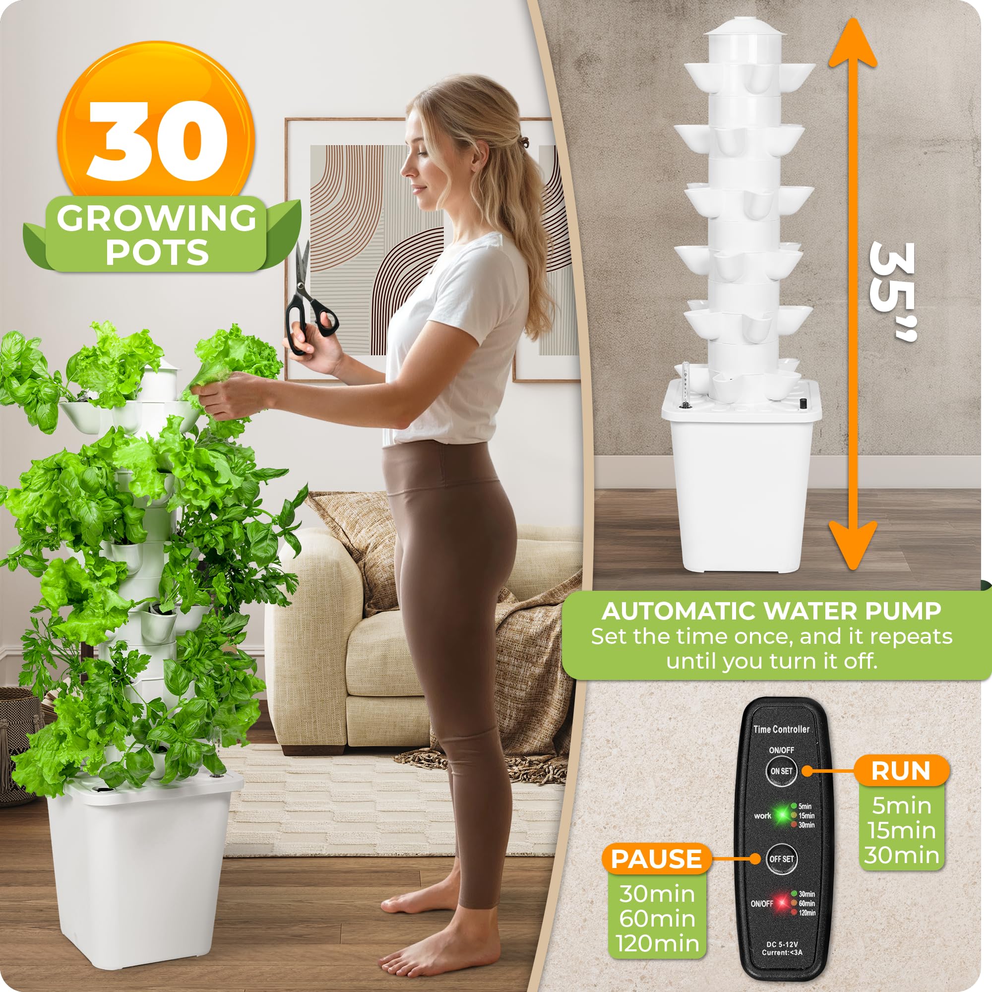 Carpathen hydroponic tower lights on close up highlights full spectrum LEDs for healthy growth.