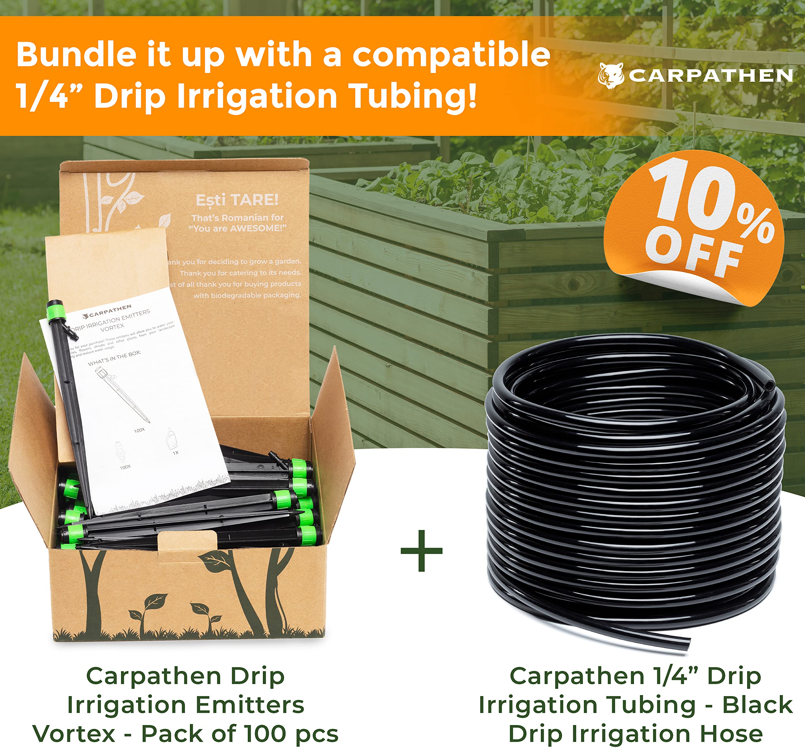 CARPATHEN raised bed irrigation stake keeps emitters in place.