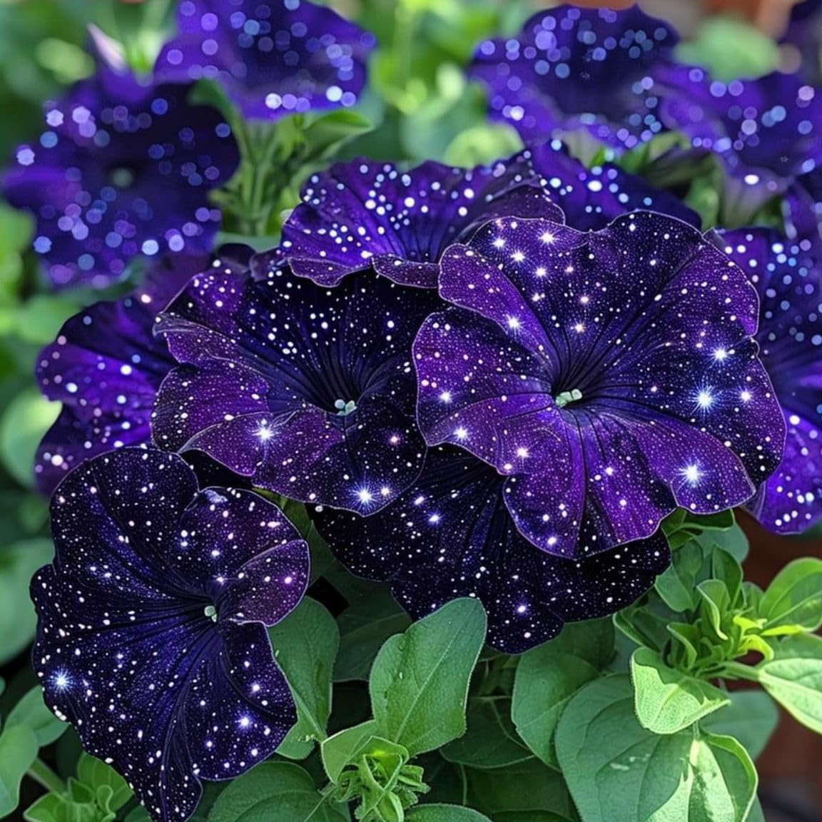 Carpet Creeping Night Sky petunia blooming plants along garden border