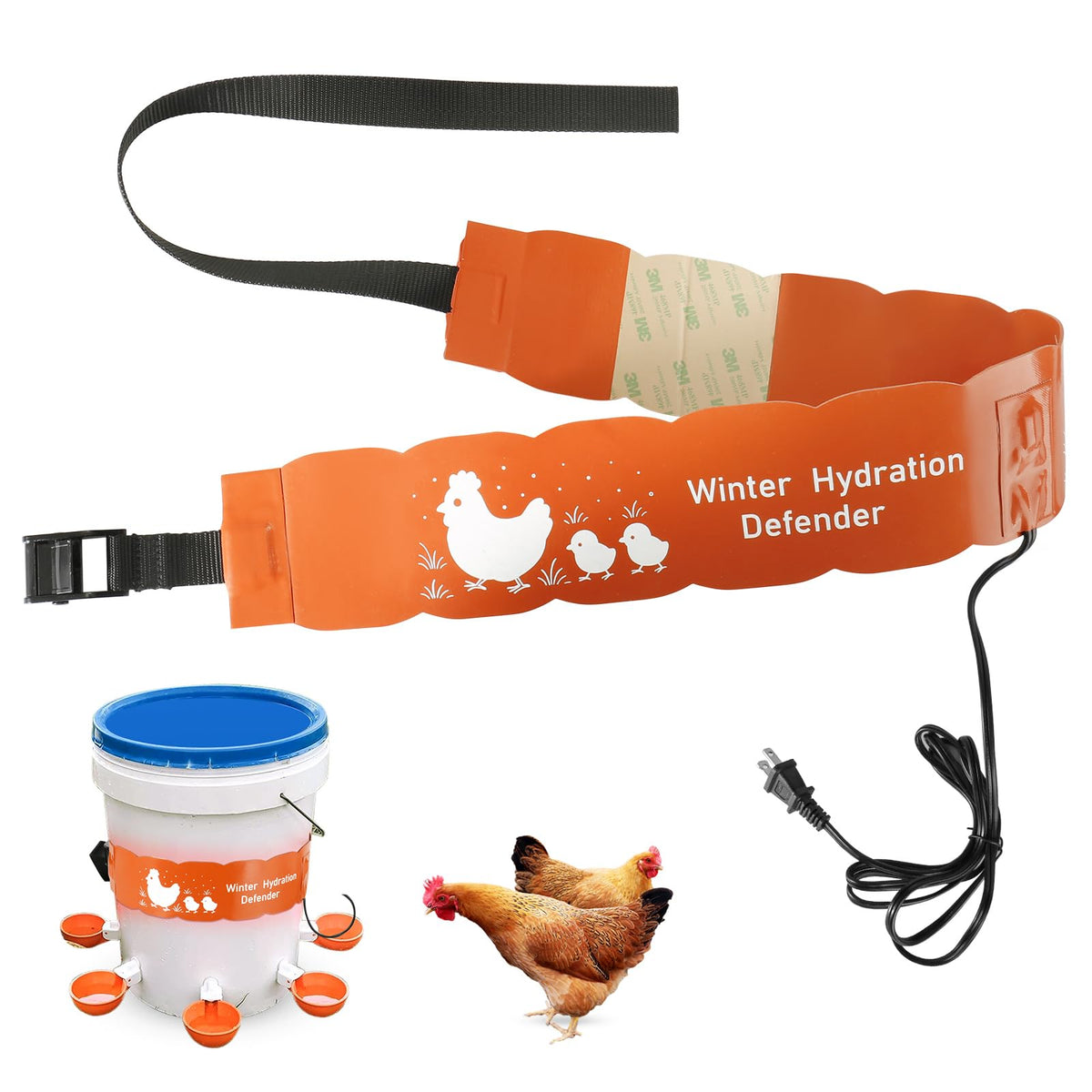 Carpower thermostat waterer strap wrapped around a bucket for even heat distribution