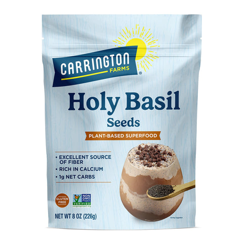 Carrington Farms Holy Basil Seeds packaging in pantry for daily nutrition.