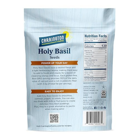 Close-up of Carrington Farms Holy Basil Seeds highlighting fiber content.