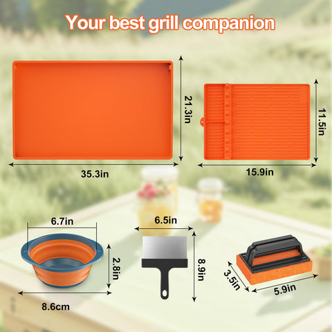 Carry360 spatula mat resting on the grill, reducing mess and speeding post-grill cleanup.