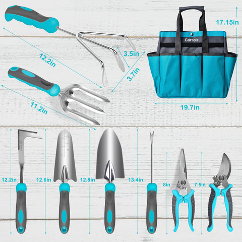 Carsolt stainless steel blades highlight durability and rust resistance for lasting garden tasks.