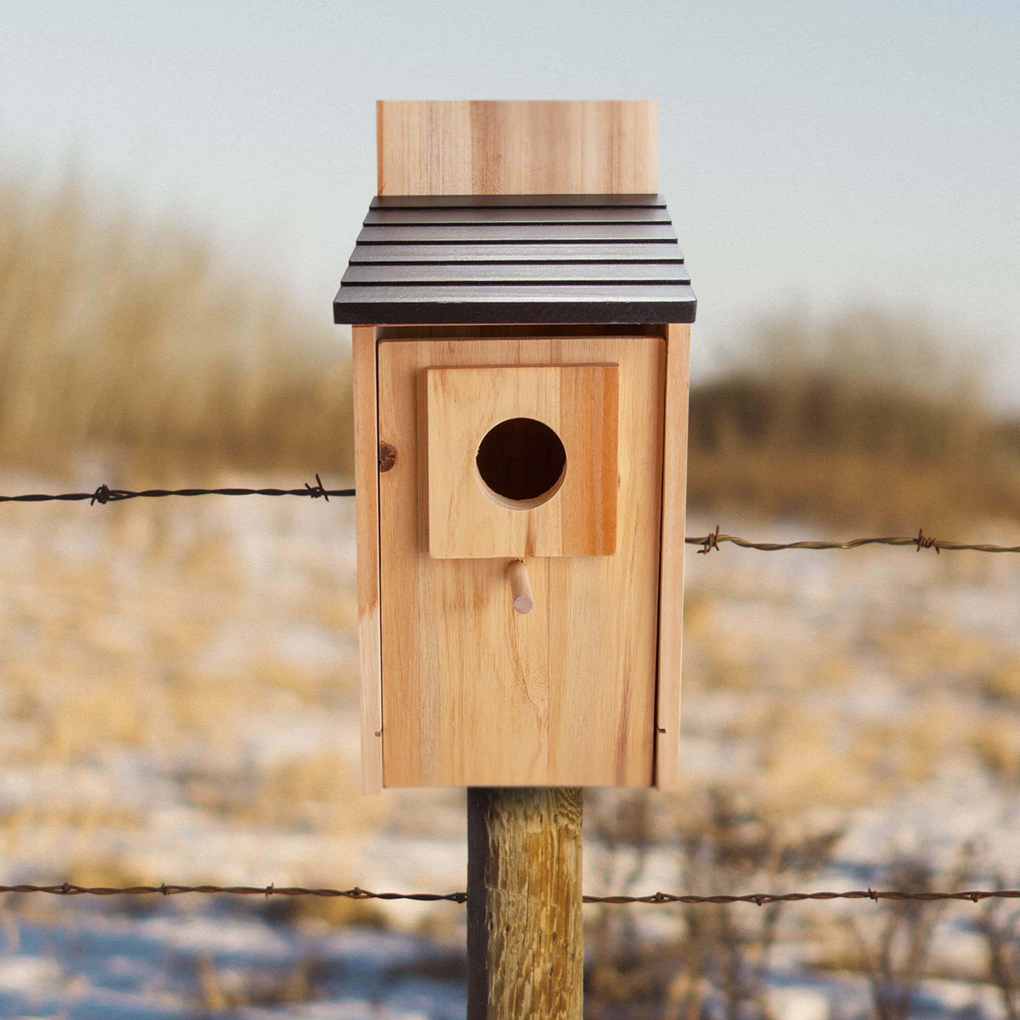 CARTMAN weather-resistant outdoor bird house stands up to seasonal changes.