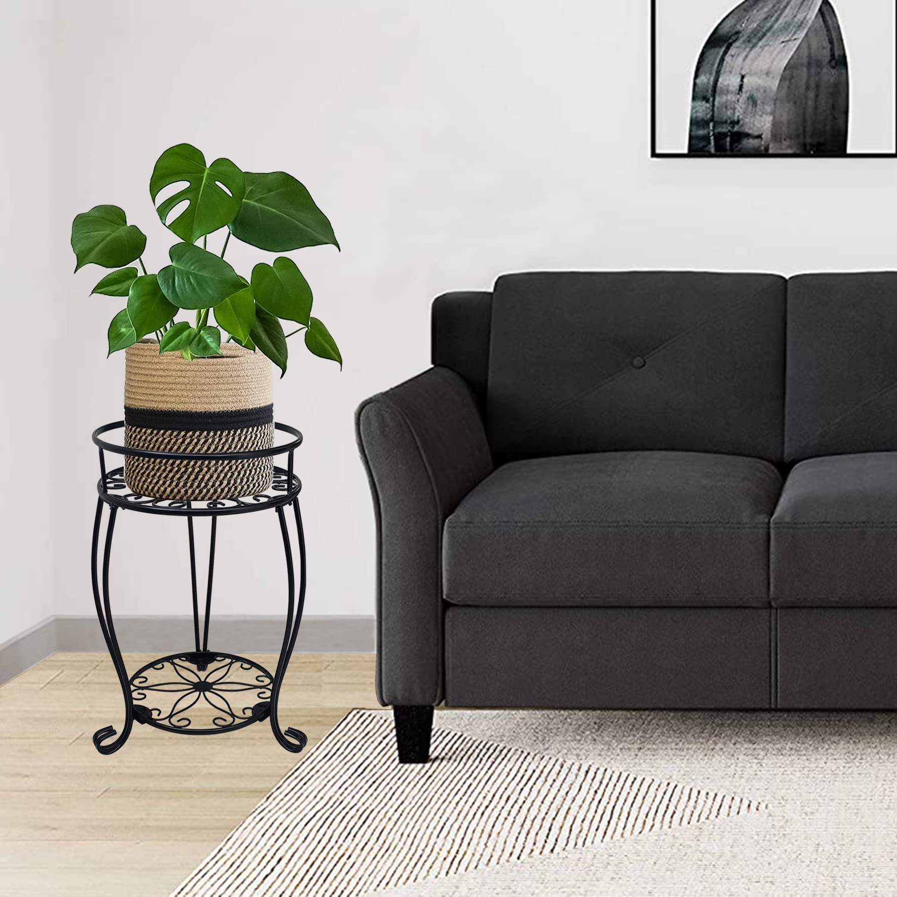 Casimr two-tier stand elevates potted plants while curved feet protect floors.