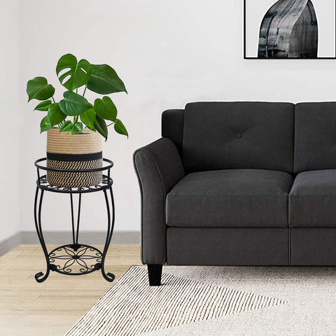 Casimr two-tier stand elevates potted plants while curved feet protect floors.