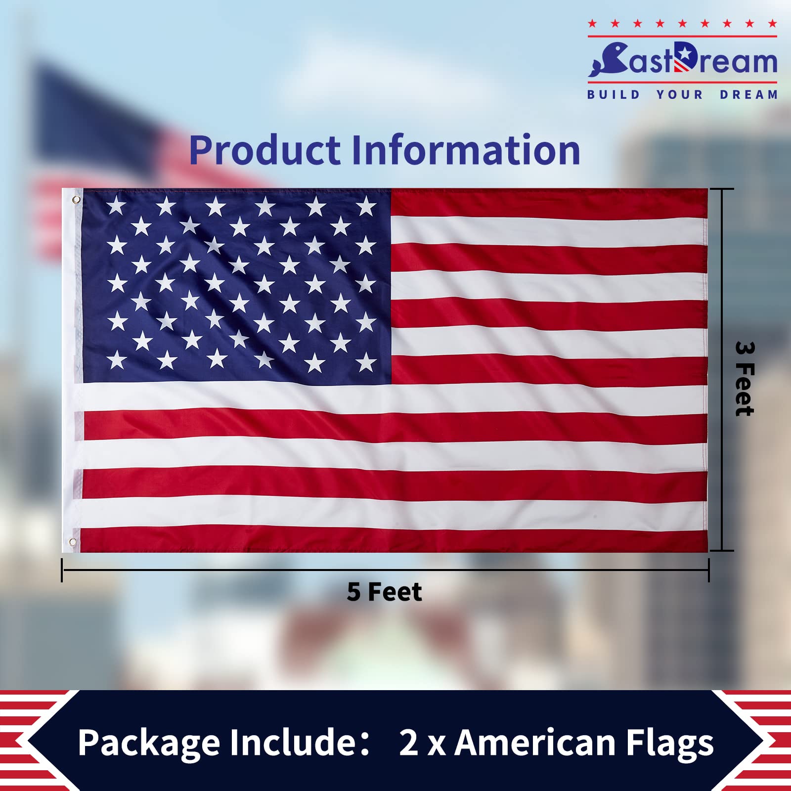 CASTDREAM US flag 3x5 lightweight fabric flies in light breeze.