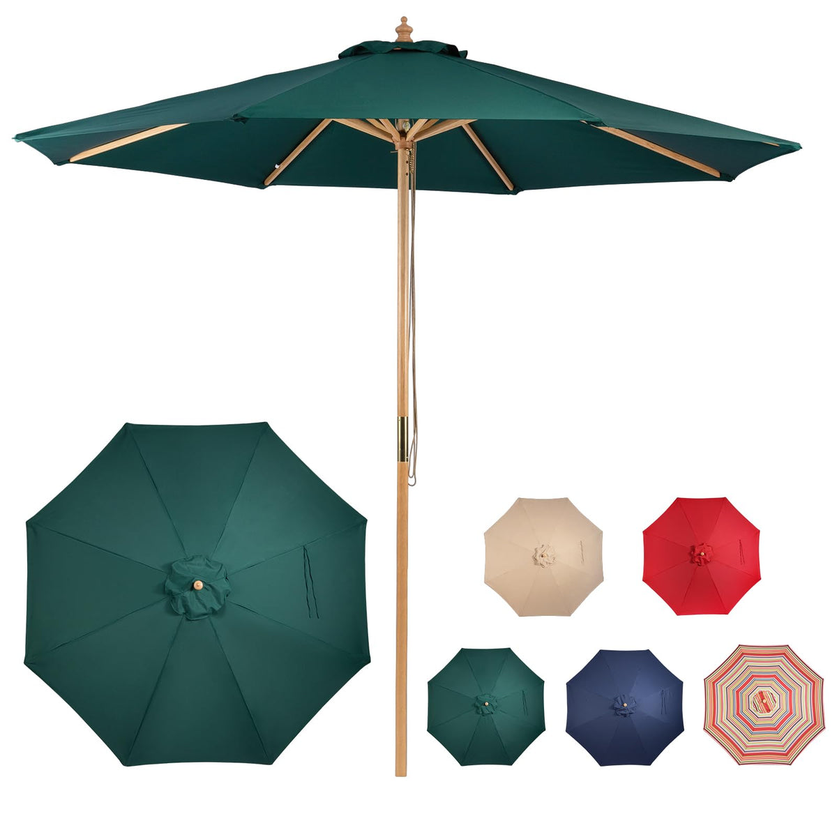 CASUNER 9ft wooden umbrella with pulley lift offering durable outdoor shade.