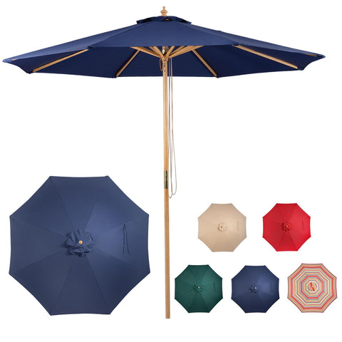 CASUNER 9ft wooden umbrella with pulley lift provides stable shade for outdoor patios.