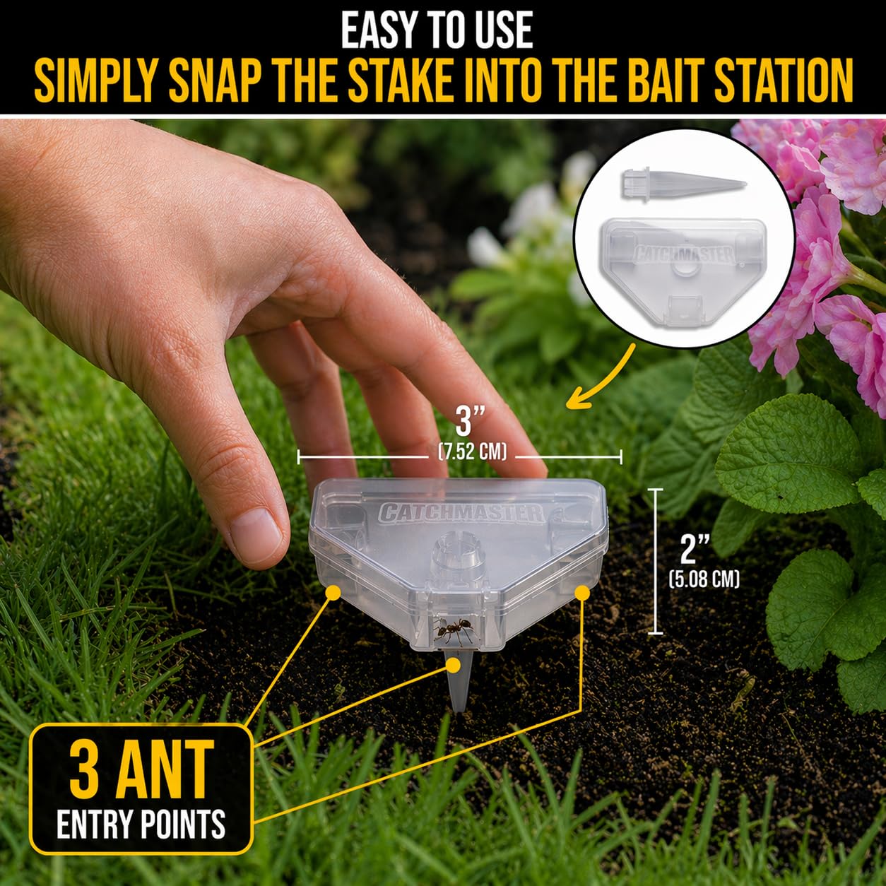 Catchmaster DEFIANT garden stakes trap in a mulch bed for targeted access