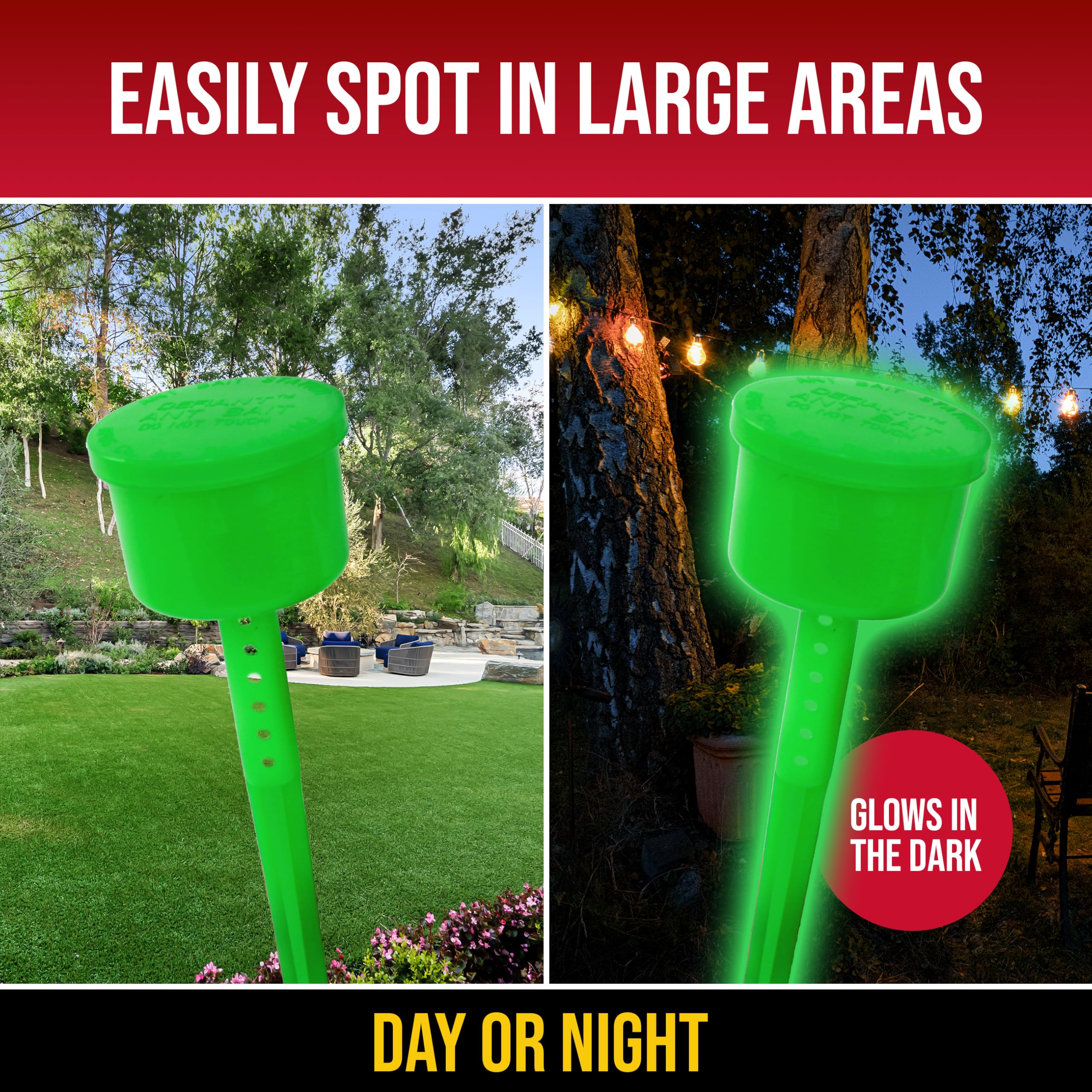 Catchmaster Defiant glow-in-the-dark stake aids nighttime trap finding.