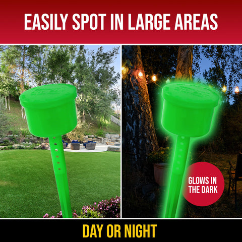 Catchmaster Defiant glow-in-the-dark stake aids nighttime trap finding.