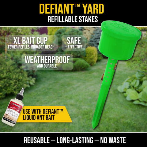 Catchmaster Defiant visual shows compatibility with liquid ant bait delivery.