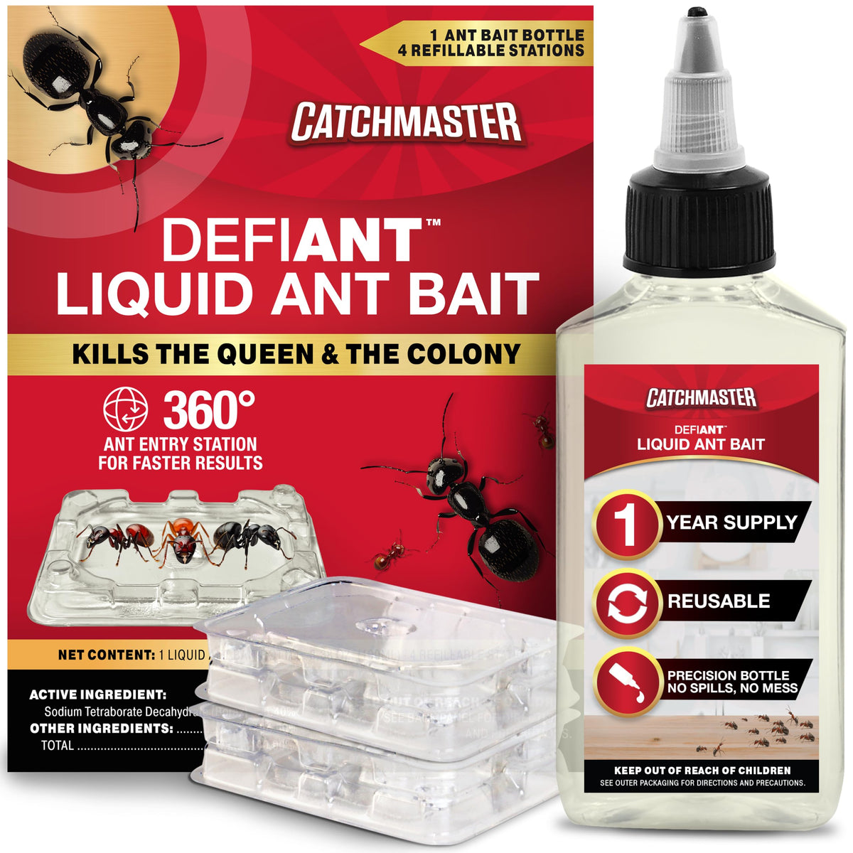 Catchmaster DEFIANT liquid bait bottle for year-long indoor ant control.
