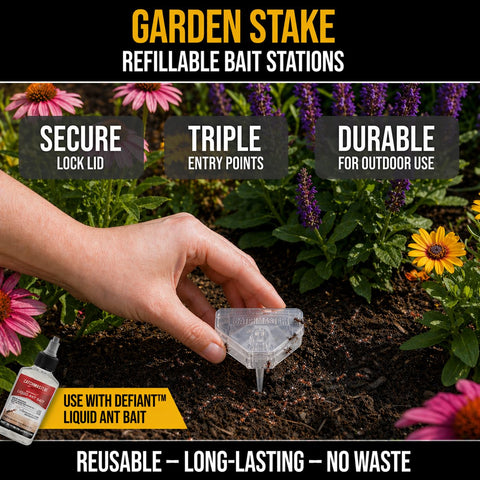 Catchmaster DEFIANT outdoor stake trap in soil for easy garden placement