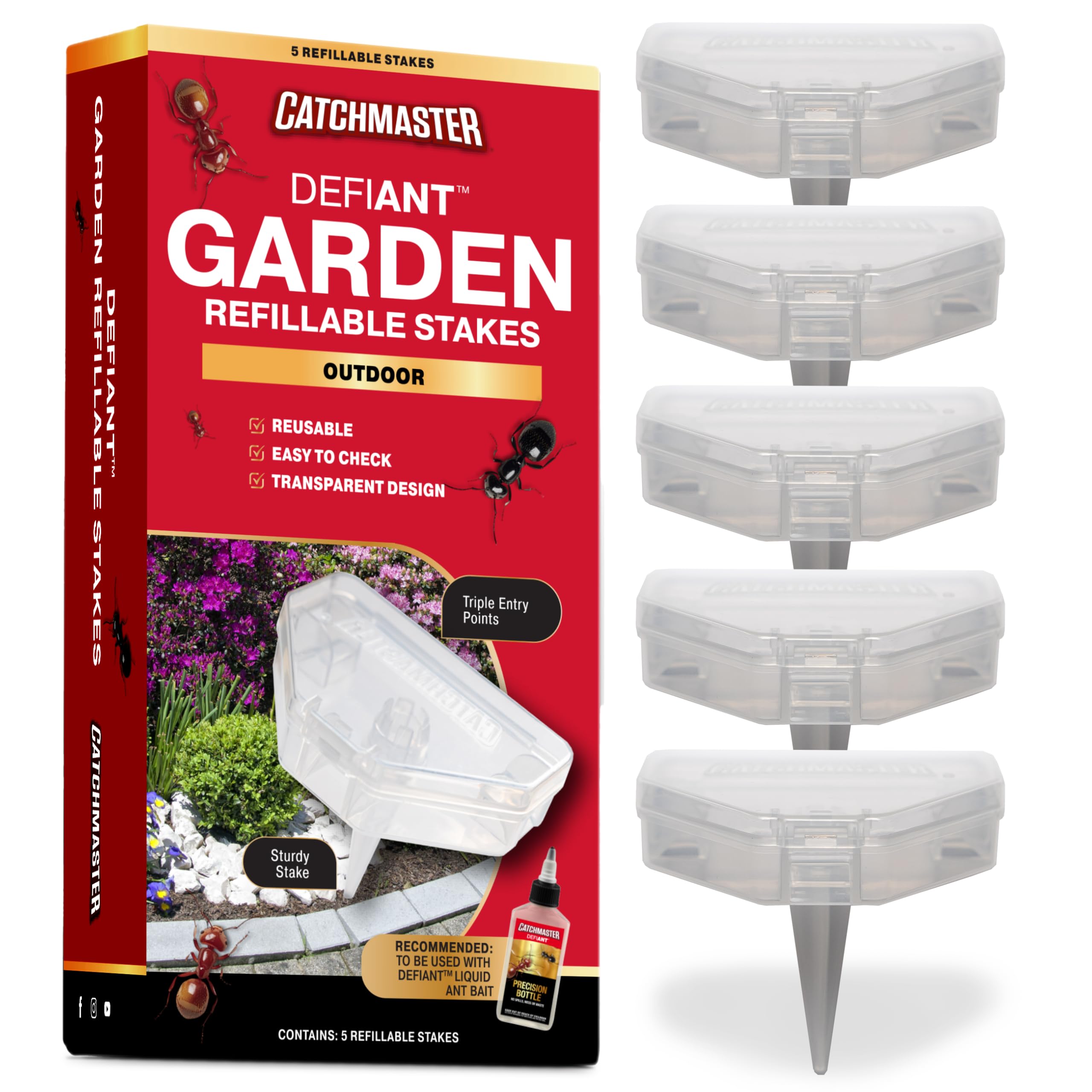 Catchmaster DEFIANT outdoor stake trap, side view, discreet garden ant control