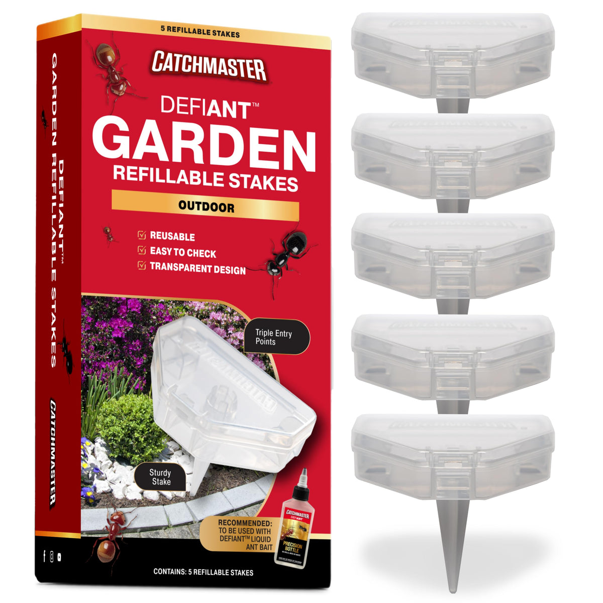 Catchmaster DEFIANT outdoor stake trap, side view, discreet garden ant control