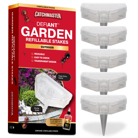 Catchmaster DEFIANT outdoor stake trap, side view, discreet garden ant control