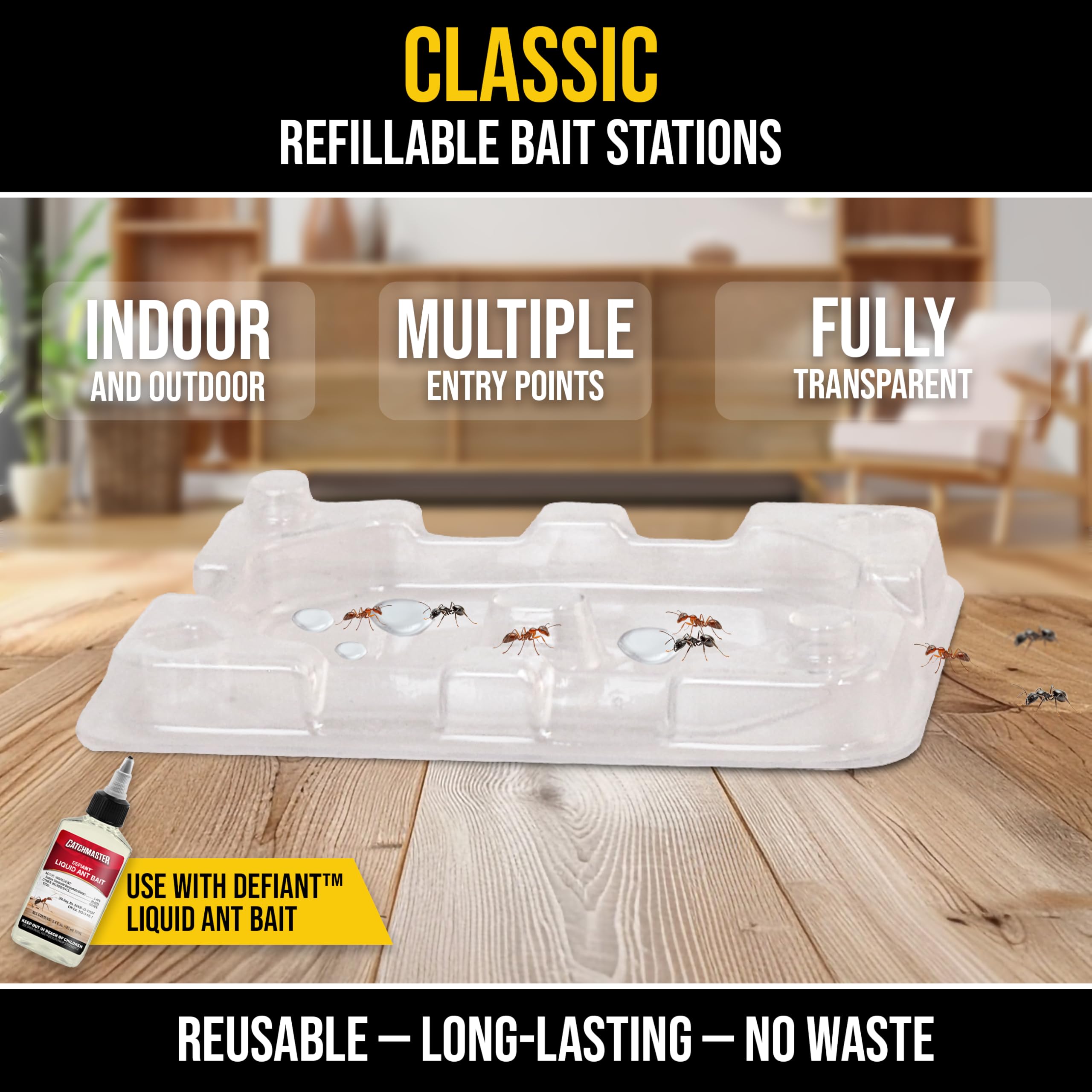Catchmaster DEFIANT stackable station shown for compact, reusable pest protection.
