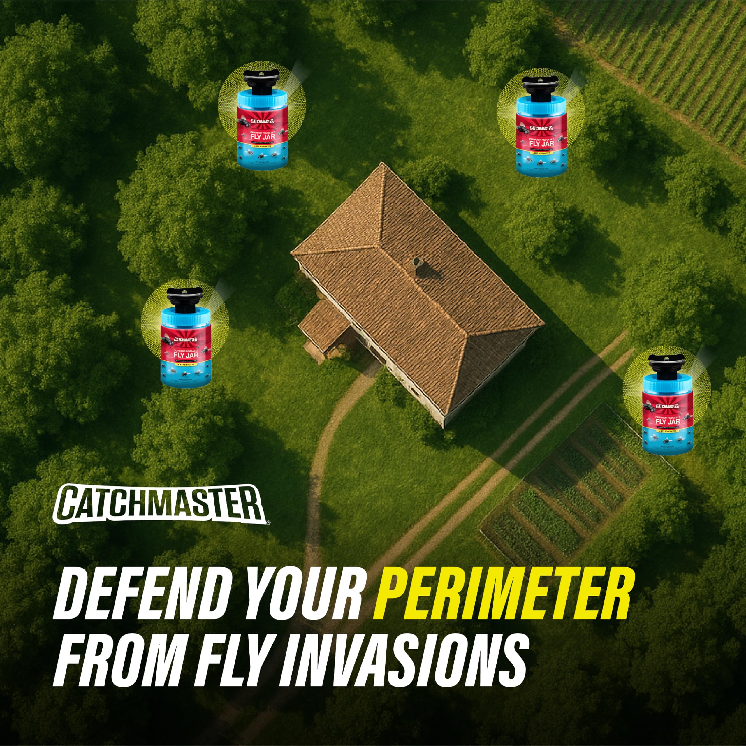 Catchmaster fly jar hanging on tree for easy outdoor pest control