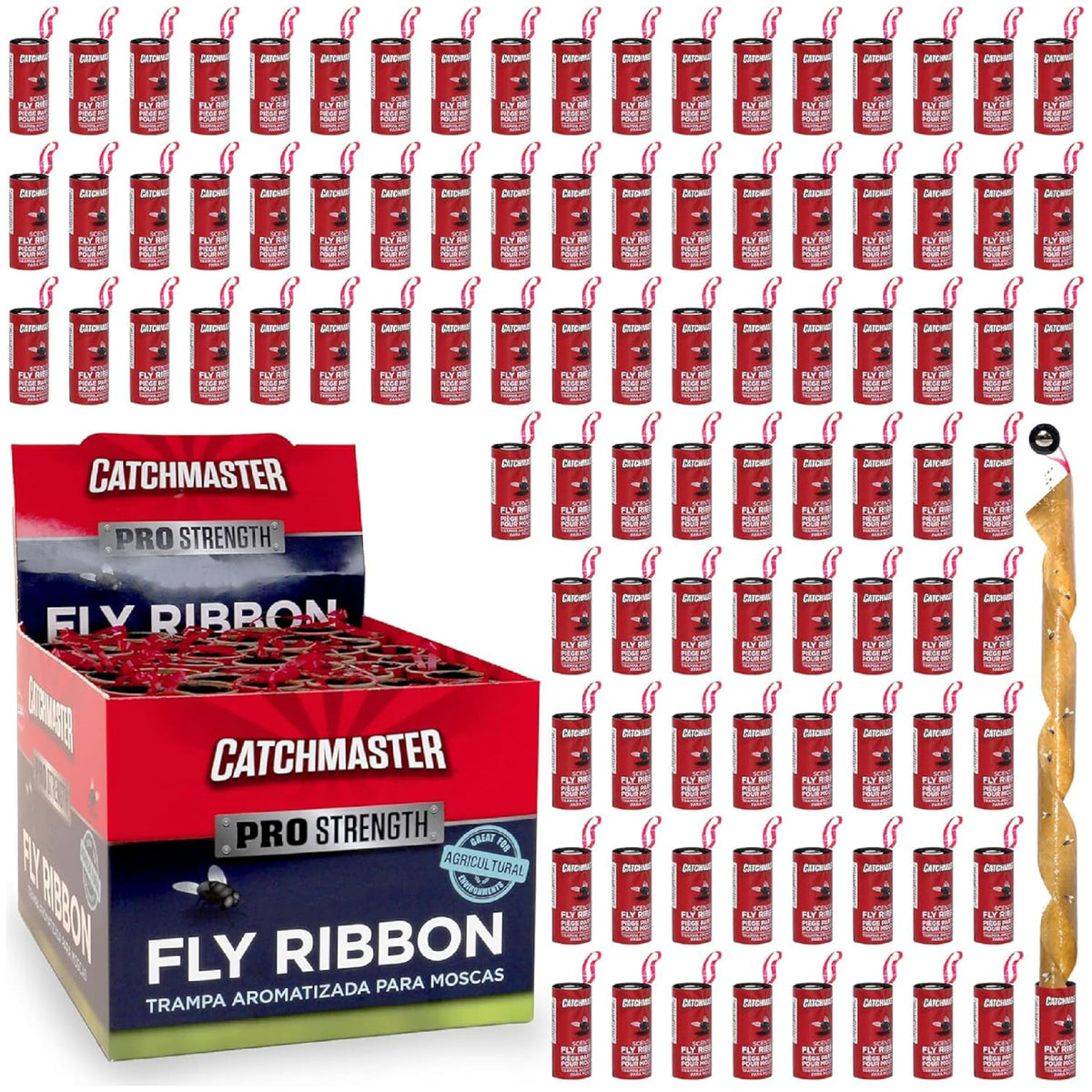 Catchmaster Fly Ribbon 96-pack hanging strips for indoor and outdoor fly control.