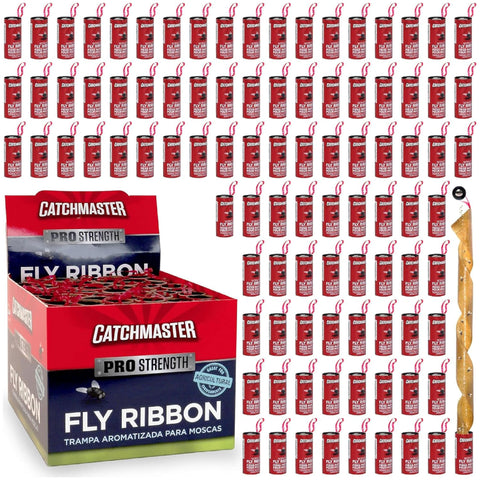 Catchmaster Fly Ribbon 96-pack hanging strips for indoor and outdoor fly control.