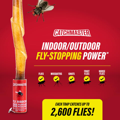 Catchmaster Fly Ribbon adhesive-surface closeup highlights mess-free attraction.
