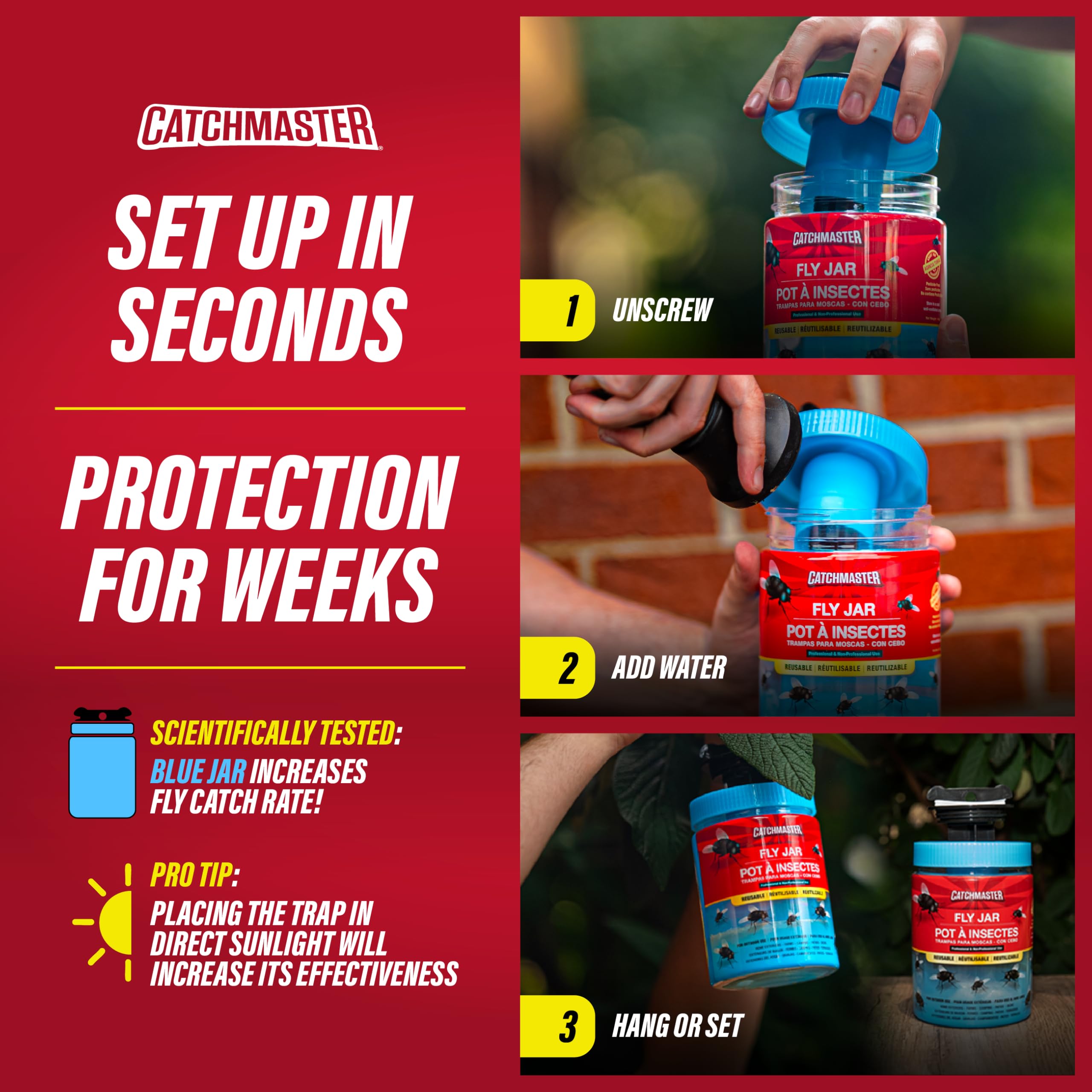 Catchmaster fly trap placed on the ground delivers convenient yard protection.
