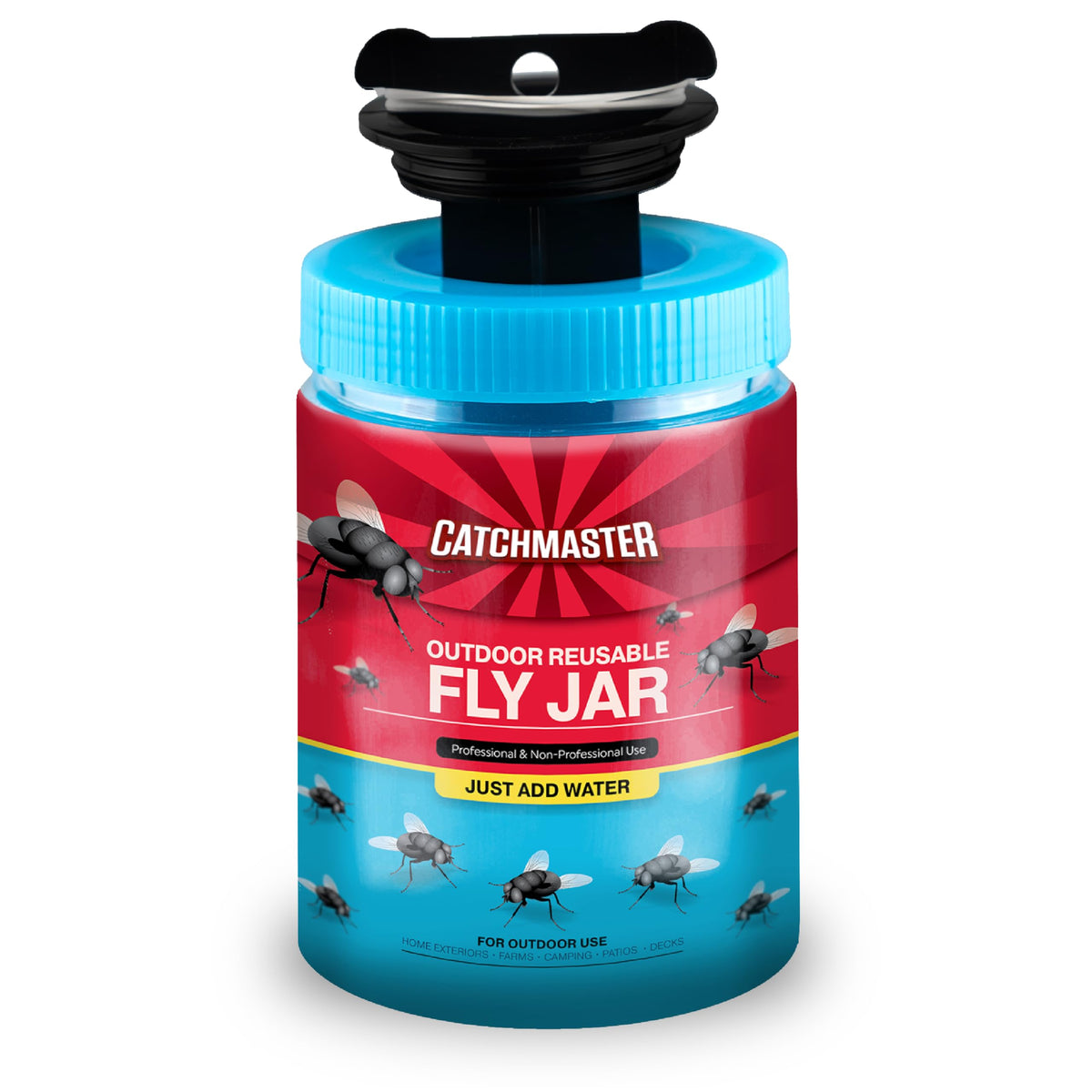 Catchmaster fly trap with Airlock lid for mess-free outdoor disposal.