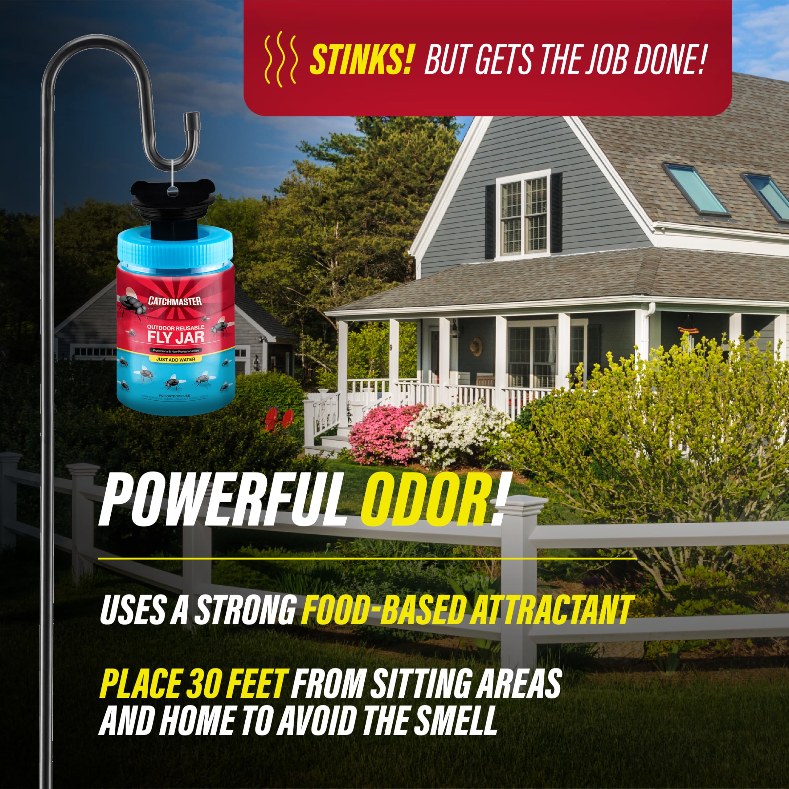 Catchmaster food-based fly attractant lure showing strong outdoor attraction