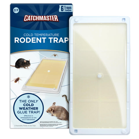 Catchmaster freeze-resistant glue traps, ready for cold-weather use, trap mice without odors.