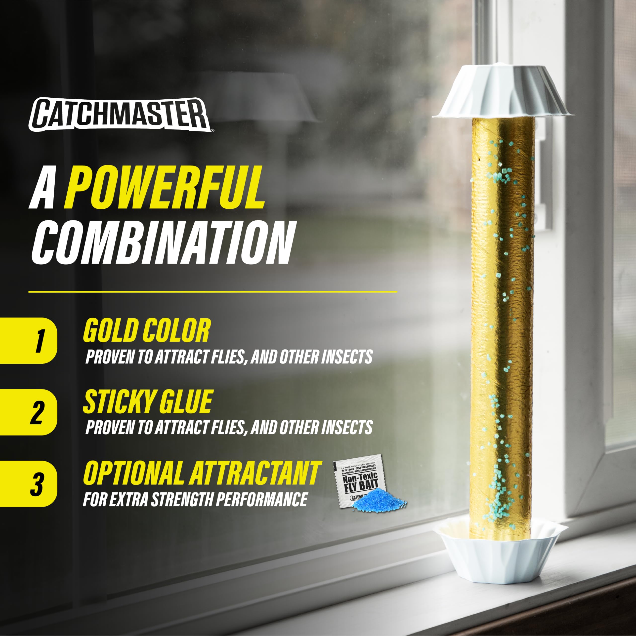 Catchmaster Gold Stick Fly Trap wall placement demonstrates easy indoor deployment.