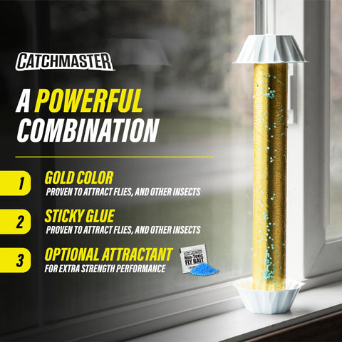 Catchmaster Gold Stick Fly Trap wall placement demonstrates easy indoor deployment.